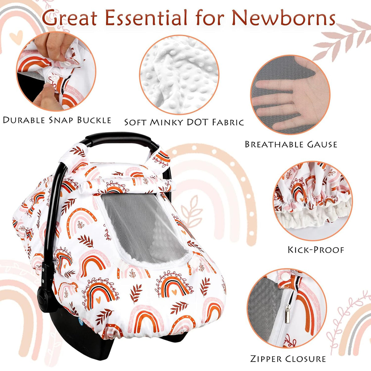Car Seat Cover Baby Boy, Infant Car Seat Canopy Covers for Newborn with 2 Layers Windows of Breathable Mesh Fabric, Lightweight Polyester/Soft Minky Dot Backing
