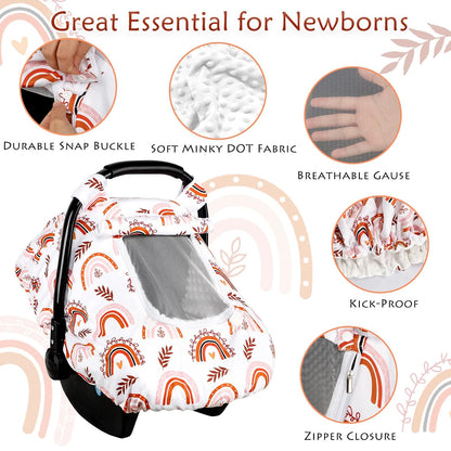 Car Seat Cover Baby Boy, Infant Car Seat Canopy Covers for Newborn with 2 Layers Windows of Breathable Mesh Fabric, Lightweight Polyester/Soft Minky Dot Backing