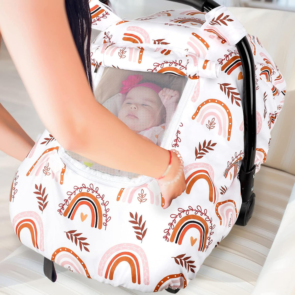 Car Seat Cover Baby Boy, Infant Car Seat Canopy Covers for Newborn with 2 Layers Windows of Breathable Mesh Fabric, Lightweight Polyester/Soft Minky Dot Backing