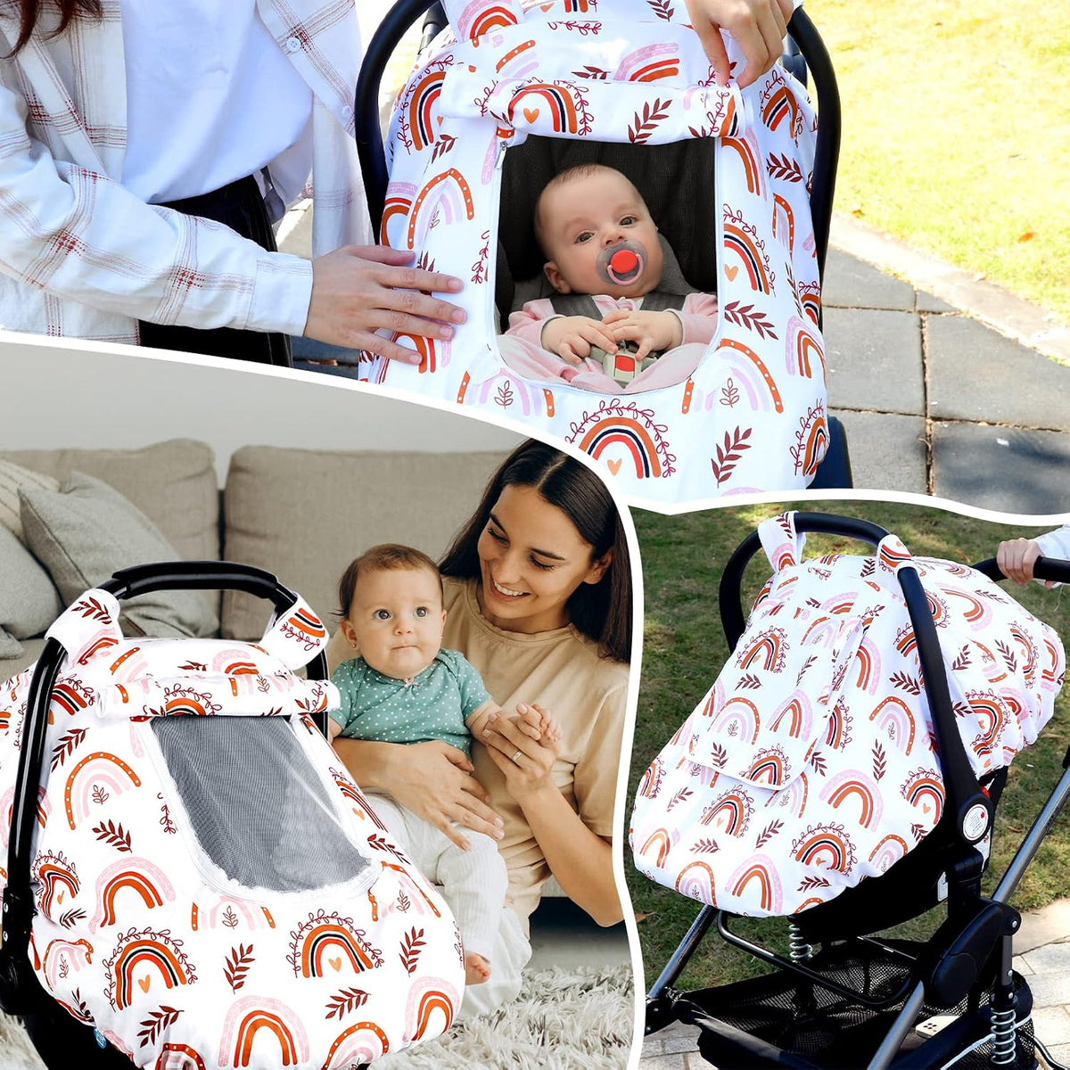 Car Seat Cover Baby Boy, Infant Car Seat Canopy Covers for Newborn with 2 Layers Windows of Breathable Mesh Fabric, Lightweight Polyester/Soft Minky Dot Backing
