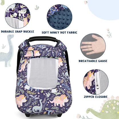 Car Seat Cover Baby Boy, Infant Car Seat Canopy Covers for Newborn with 2 Layers Windows of Breathable Mesh Fabric, Lightweight Polyester/Soft Minky Dot Backing