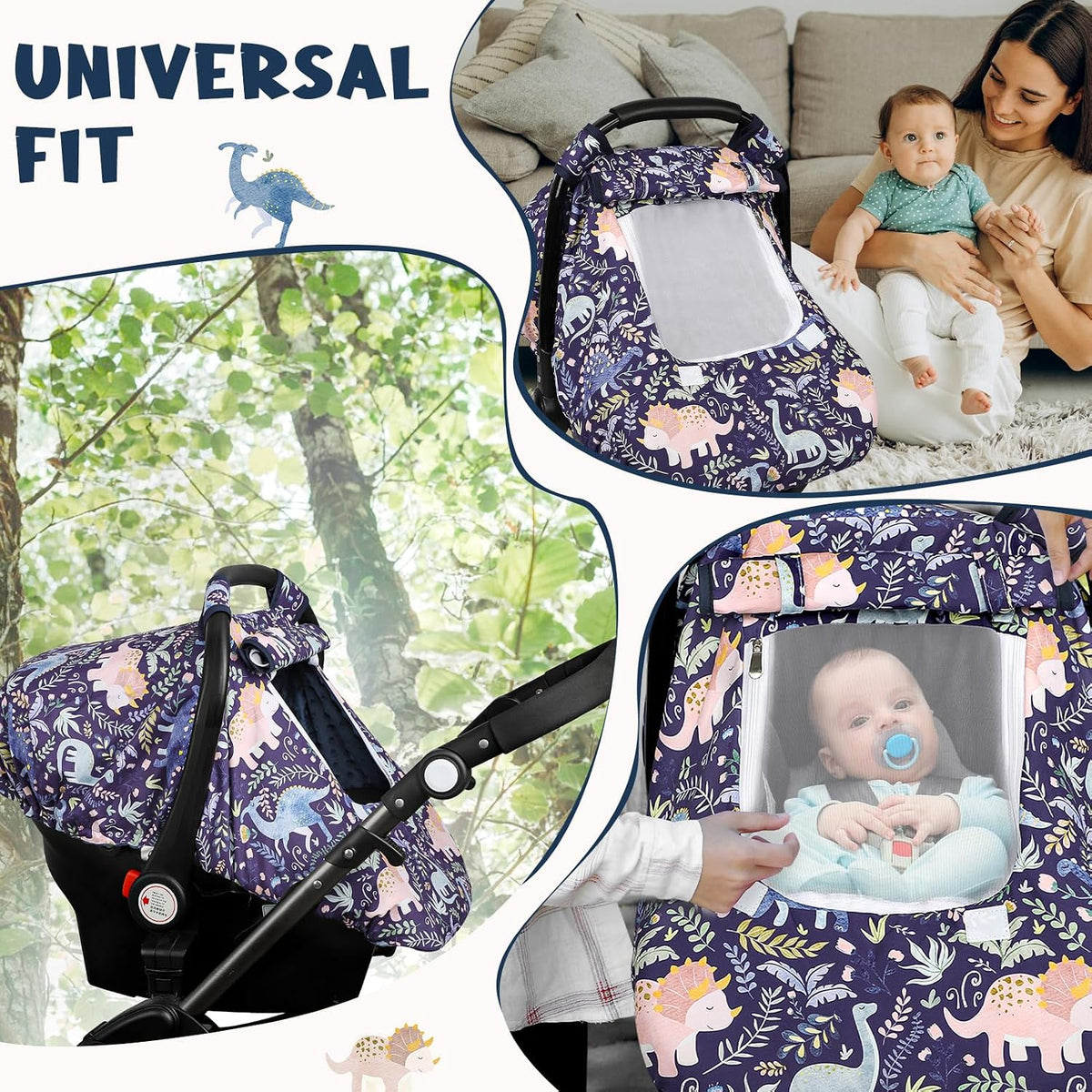 Car Seat Cover Baby Boy, Infant Car Seat Canopy Covers for Newborn with 2 Layers Windows of Breathable Mesh Fabric, Lightweight Polyester/Soft Minky Dot Backing