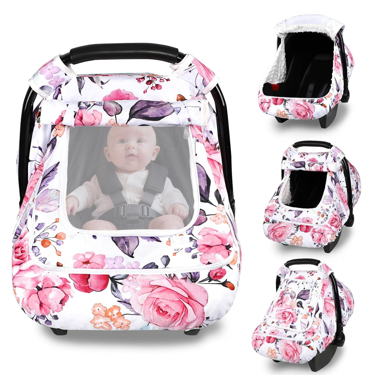 Car Seat Cover Baby Boy, Infant Car Seat Canopy Covers for Newborn with 2 Layers Windows of Breathable Mesh Fabric, Lightweight Polyester/Soft Minky Dot Backing