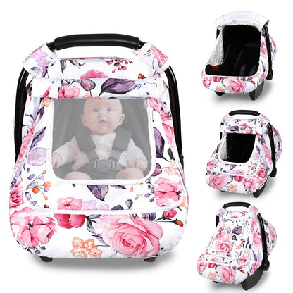 Car Seat Cover Baby Boy, Infant Car Seat Canopy Covers for Newborn with 2 Layers Windows of Breathable Mesh Fabric, Lightweight Polyester/Soft Minky Dot Backing