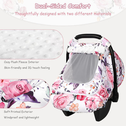 Car Seat Cover Baby Boy, Infant Car Seat Canopy Covers for Newborn with 2 Layers Windows of Breathable Mesh Fabric, Lightweight Polyester/Soft Minky Dot Backing