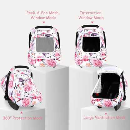 Car Seat Cover Baby Boy, Infant Car Seat Canopy Covers for Newborn with 2 Layers Windows of Breathable Mesh Fabric, Lightweight Polyester/Soft Minky Dot Backing