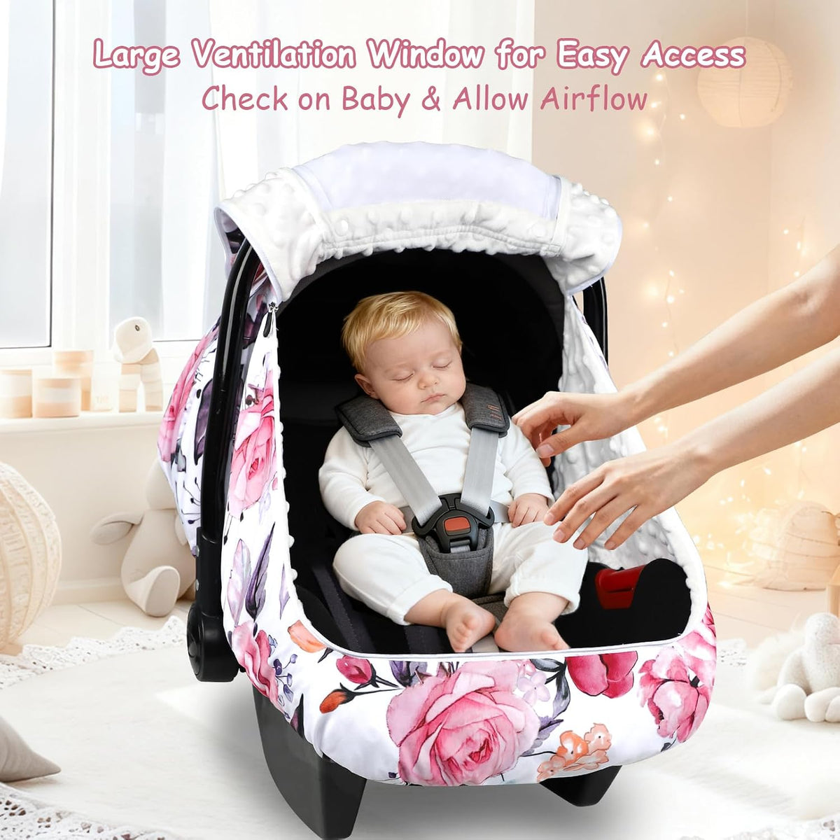 Car Seat Cover Baby Boy, Infant Car Seat Canopy Covers for Newborn with 2 Layers Windows of Breathable Mesh Fabric, Lightweight Polyester/Soft Minky Dot Backing