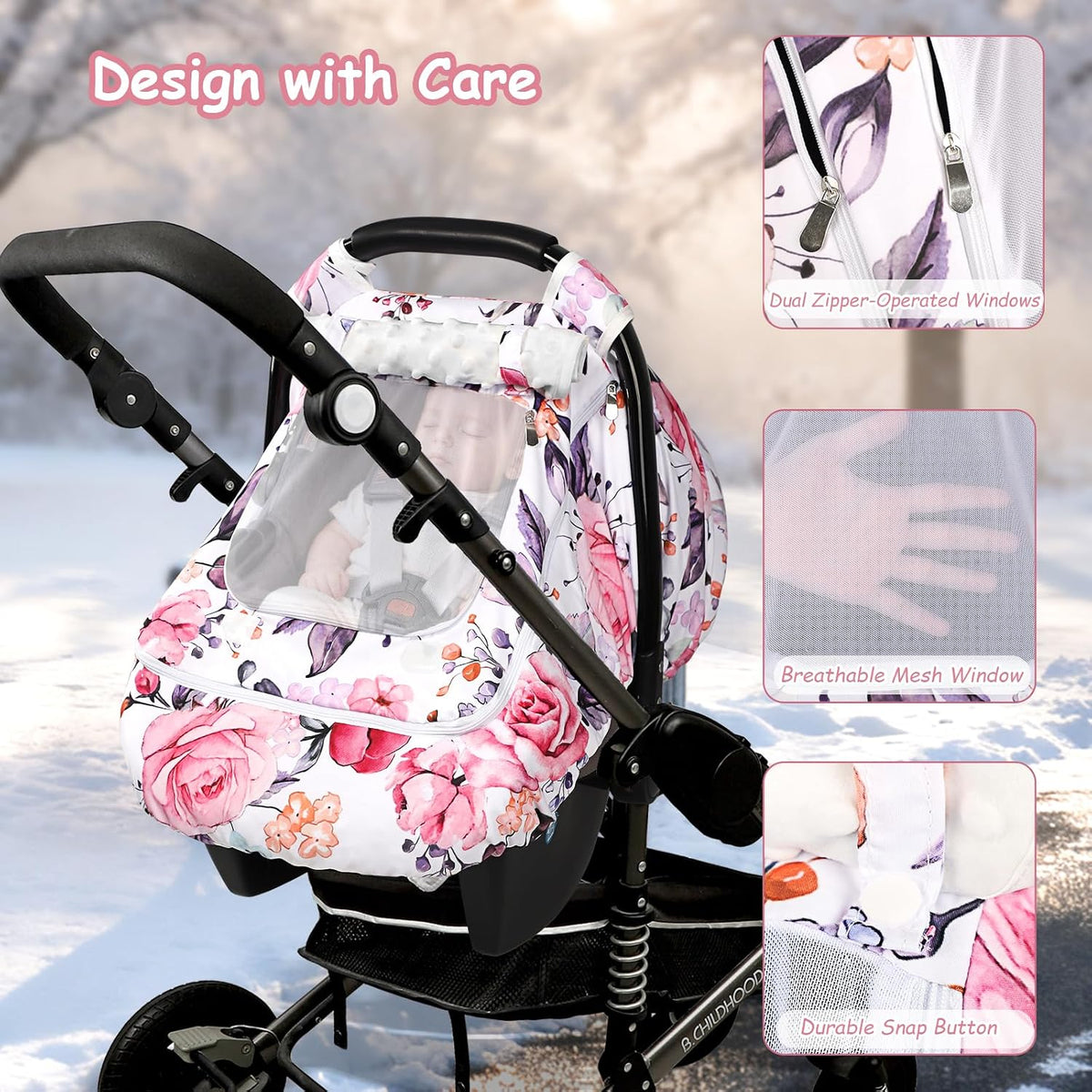 Car Seat Cover Baby Boy, Infant Car Seat Canopy Covers for Newborn with 2 Layers Windows of Breathable Mesh Fabric, Lightweight Polyester/Soft Minky Dot Backing