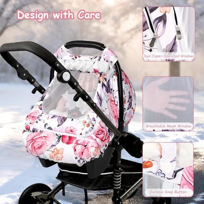 Car Seat Cover Baby Boy, Infant Car Seat Canopy Covers for Newborn with 2 Layers Windows of Breathable Mesh Fabric, Lightweight Polyester/Soft Minky Dot Backing