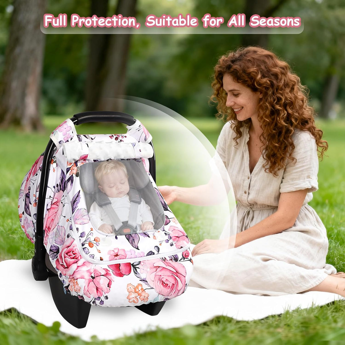 Car Seat Cover Baby Boy, Infant Car Seat Canopy Covers for Newborn with 2 Layers Windows of Breathable Mesh Fabric, Lightweight Polyester/Soft Minky Dot Backing