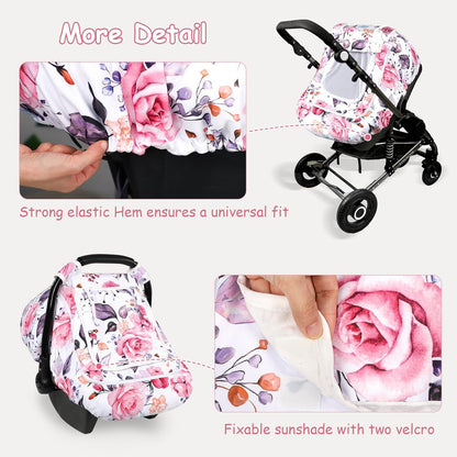 Car Seat Cover Baby Boy, Infant Car Seat Canopy Covers for Newborn with 2 Layers Windows of Breathable Mesh Fabric, Lightweight Polyester/Soft Minky Dot Backing