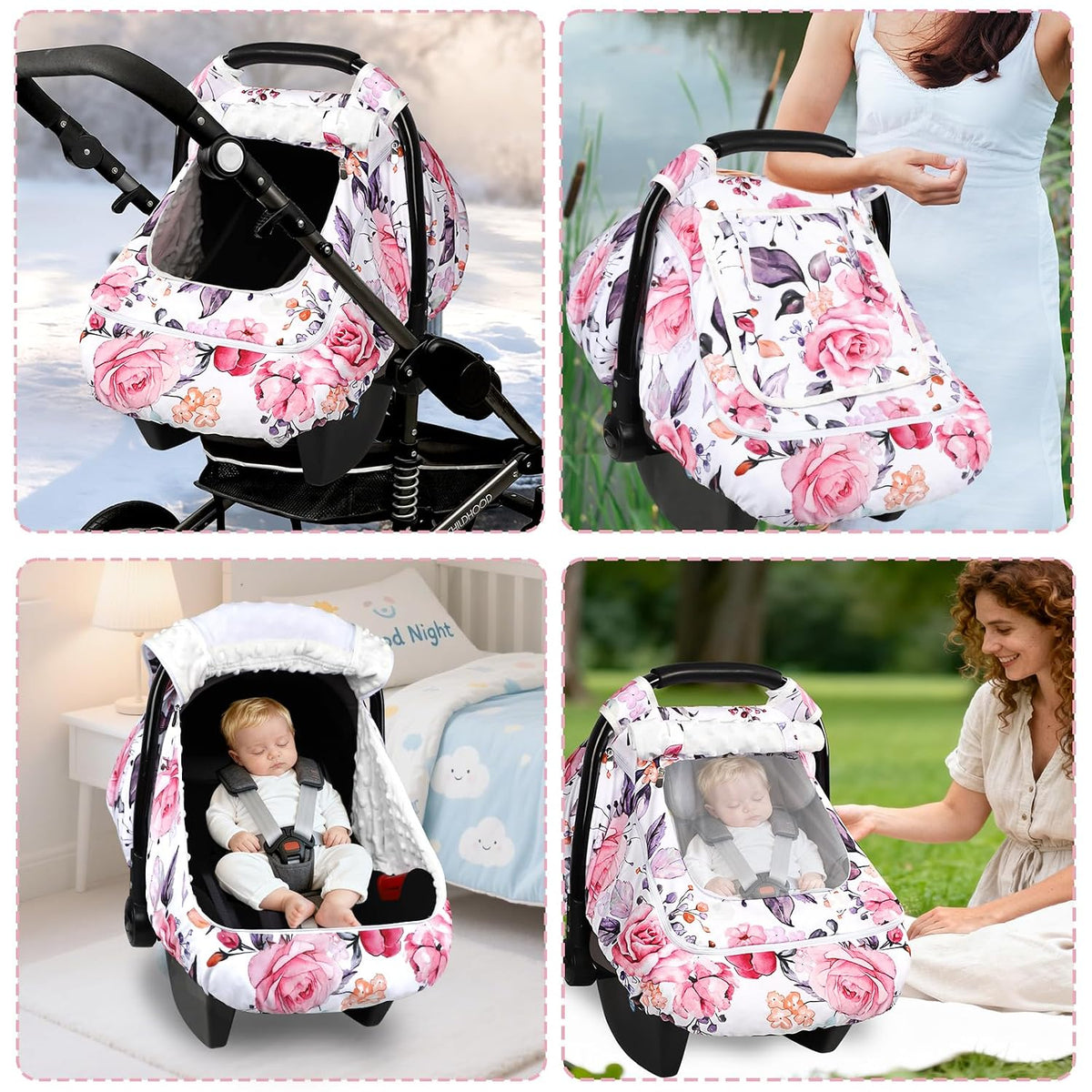 Car Seat Cover Baby Boy, Infant Car Seat Canopy Covers for Newborn with 2 Layers Windows of Breathable Mesh Fabric, Lightweight Polyester/Soft Minky Dot Backing