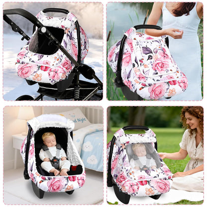 Car Seat Cover Baby Boy, Infant Car Seat Canopy Covers for Newborn with 2 Layers Windows of Breathable Mesh Fabric, Lightweight Polyester/Soft Minky Dot Backing