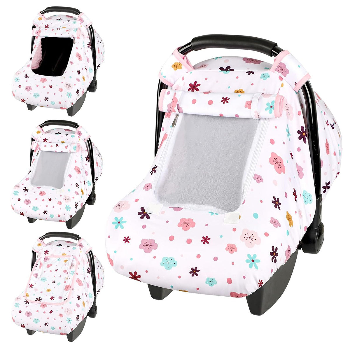 Car Seat Cover Baby Boy, Infant Car Seat Canopy Covers for Newborn with 2 Layers Windows of Breathable Mesh Fabric, Lightweight Polyester/Soft Minky Dot Backing