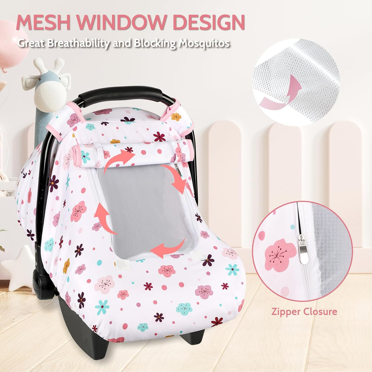 Car Seat Cover Baby Boy, Infant Car Seat Canopy Covers for Newborn with 2 Layers Windows of Breathable Mesh Fabric, Lightweight Polyester/Soft Minky Dot Backing