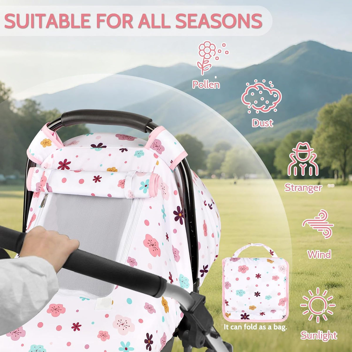 Car Seat Cover Baby Boy, Infant Car Seat Canopy Covers for Newborn with 2 Layers Windows of Breathable Mesh Fabric, Lightweight Polyester/Soft Minky Dot Backing