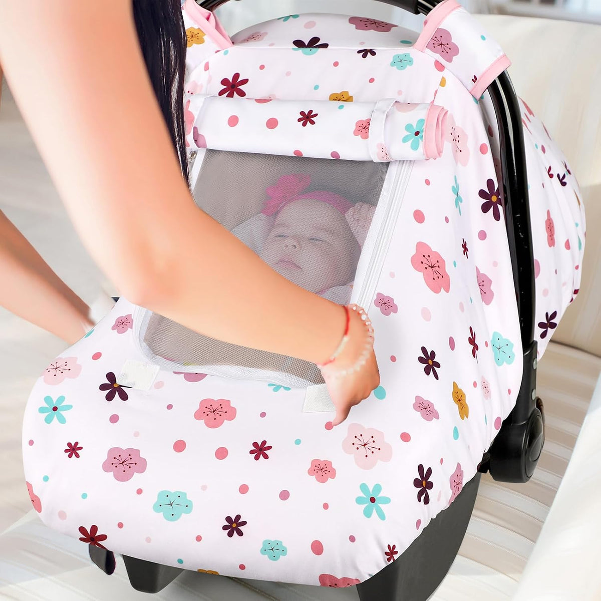 Car Seat Cover Baby Boy, Infant Car Seat Canopy Covers for Newborn with 2 Layers Windows of Breathable Mesh Fabric, Lightweight Polyester/Soft Minky Dot Backing