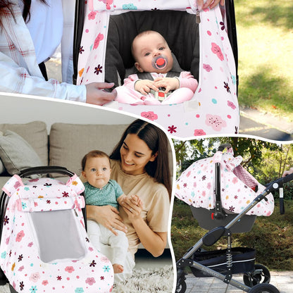 Car Seat Cover Baby Boy, Infant Car Seat Canopy Covers for Newborn with 2 Layers Windows of Breathable Mesh Fabric, Lightweight Polyester/Soft Minky Dot Backing