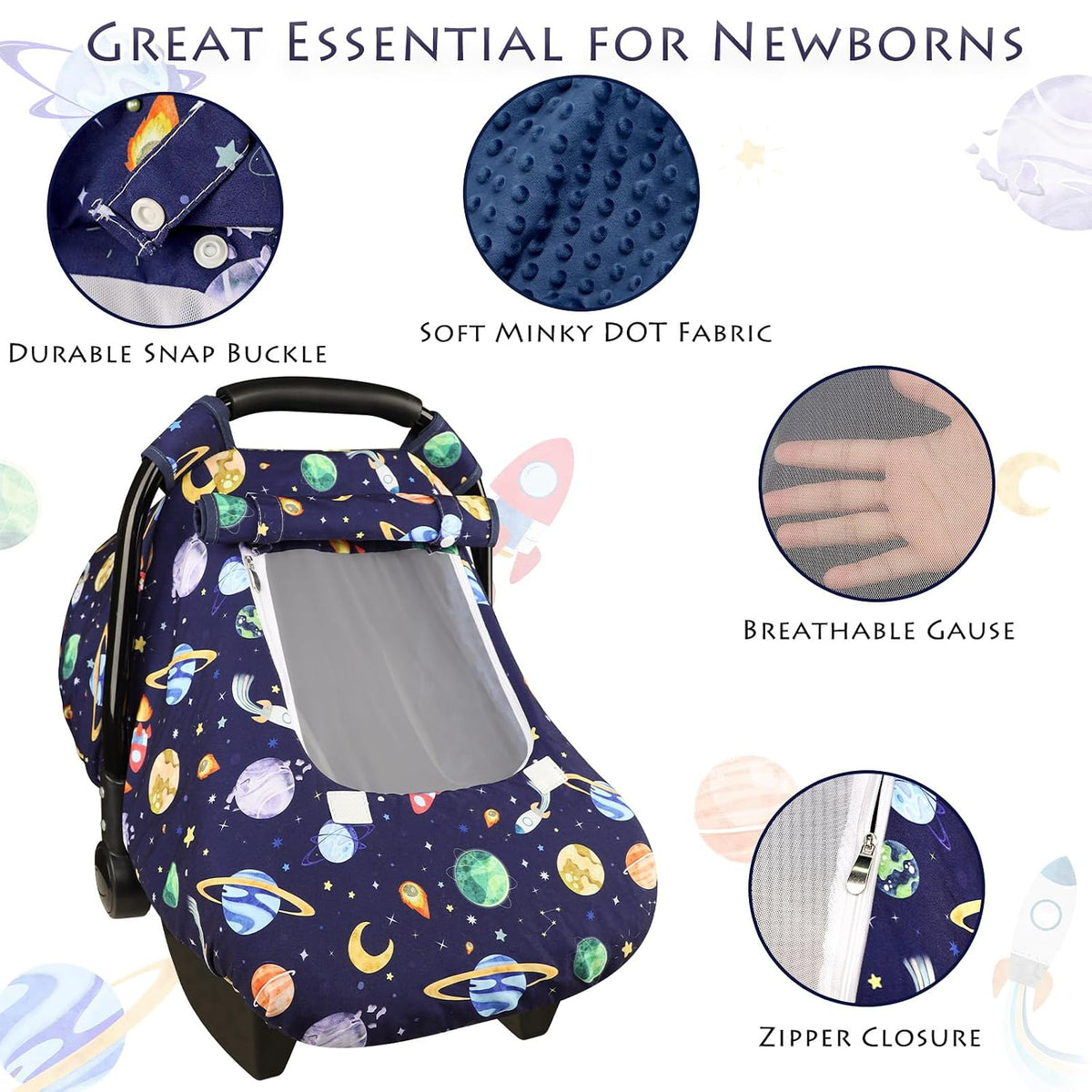 Car Seat Cover Baby Boy, Infant Car Seat Canopy Covers for Newborn with 2 Layers Windows of Breathable Mesh Fabric, Lightweight Polyester/Soft Minky Dot Backing