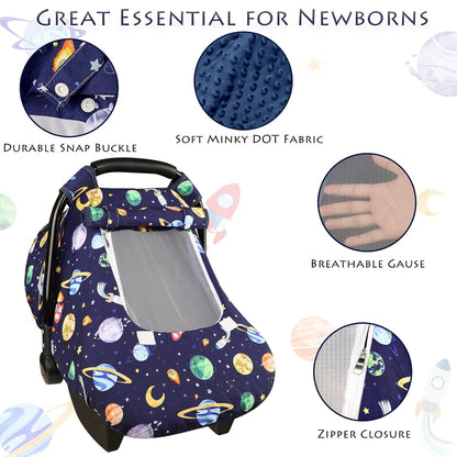 Car Seat Cover Baby Boy, Infant Car Seat Canopy Covers for Newborn with 2 Layers Windows of Breathable Mesh Fabric, Lightweight Polyester/Soft Minky Dot Backing
