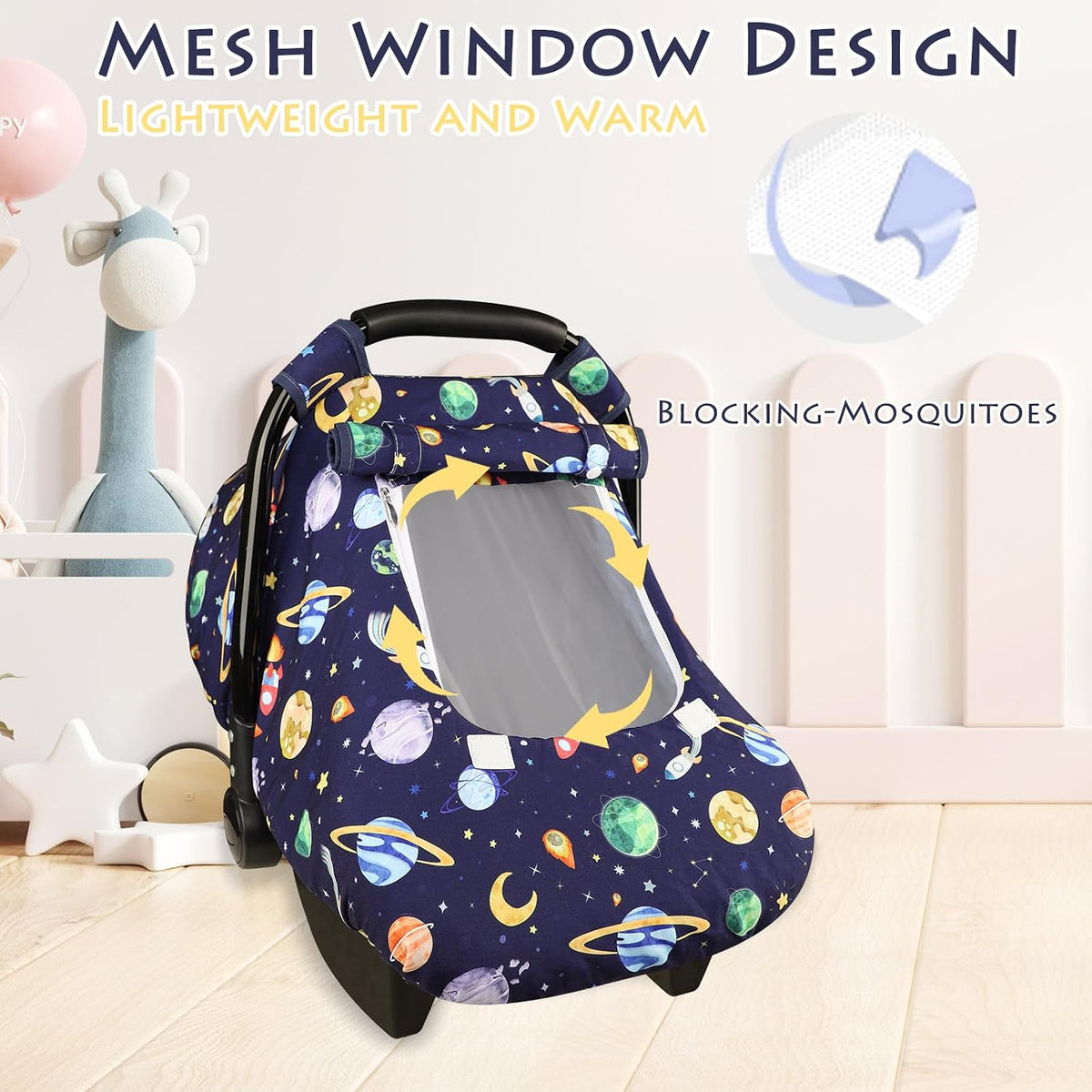 Car Seat Cover Baby Boy, Infant Car Seat Canopy Covers for Newborn with 2 Layers Windows of Breathable Mesh Fabric, Lightweight Polyester/Soft Minky Dot Backing