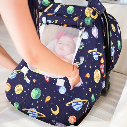 Car Seat Cover Baby Boy, Infant Car Seat Canopy Covers for Newborn with 2 Layers Windows of Breathable Mesh Fabric, Lightweight Polyester/Soft Minky Dot Backing