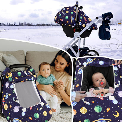 Car Seat Cover Baby Boy, Infant Car Seat Canopy Covers for Newborn with 2 Layers Windows of Breathable Mesh Fabric, Lightweight Polyester/Soft Minky Dot Backing