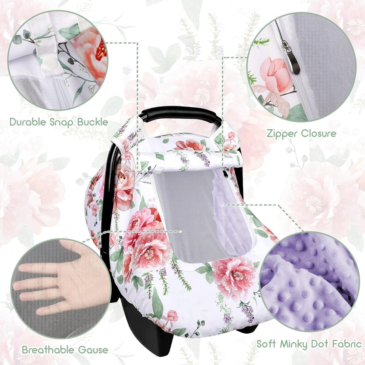Car Seat Cover Baby Boy, Infant Car Seat Canopy Covers for Newborn with 2 Layers Windows of Breathable Mesh Fabric, Lightweight Polyester/Soft Minky Dot Backing