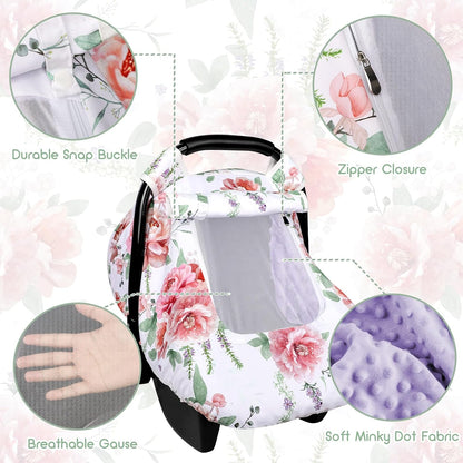 Car Seat Cover Baby Boy, Infant Car Seat Canopy Covers for Newborn with 2 Layers Windows of Breathable Mesh Fabric, Lightweight Polyester/Soft Minky Dot Backing