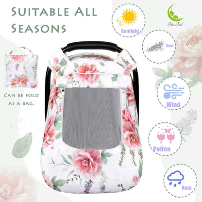 Car Seat Cover Baby Boy, Infant Car Seat Canopy Covers for Newborn with 2 Layers Windows of Breathable Mesh Fabric, Lightweight Polyester/Soft Minky Dot Backing