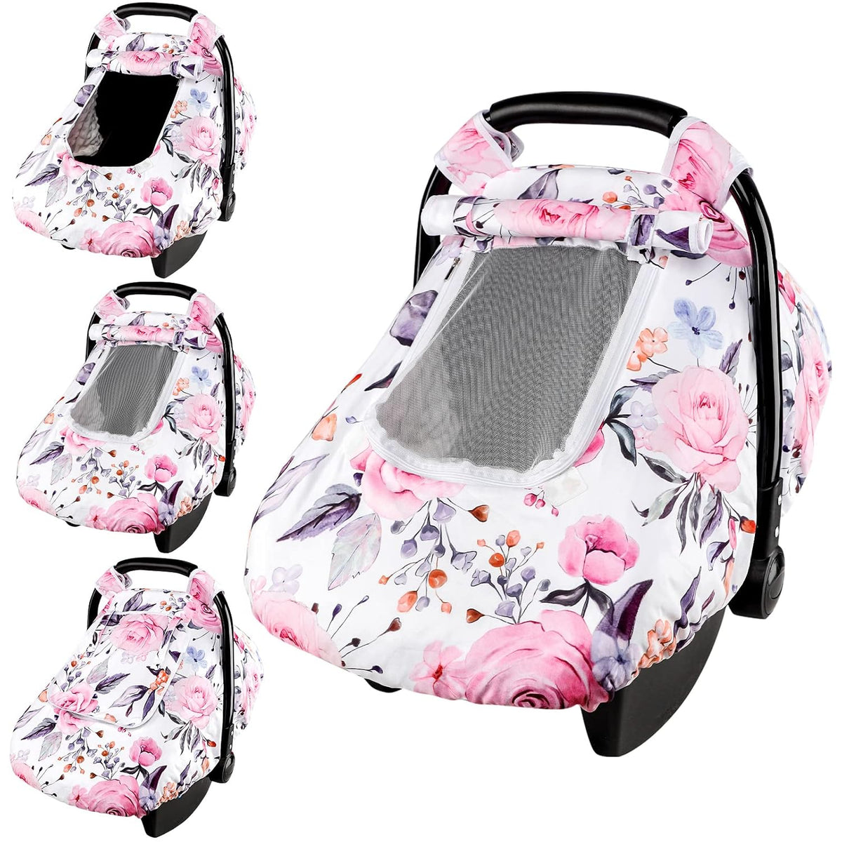 Car Seat Cover Baby Boy, Infant Car Seat Canopy Covers for Newborn with 2 Layers Windows of Breathable Mesh Fabric, Lightweight Polyester/Soft Minky Dot Backing