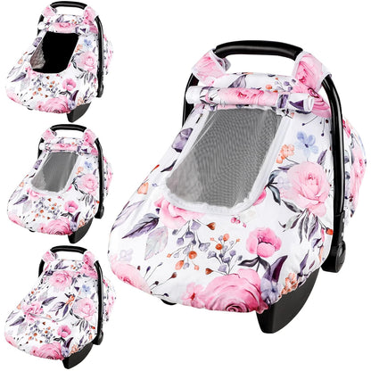 Car Seat Cover Baby Boy, Infant Car Seat Canopy Covers for Newborn with 2 Layers Windows of Breathable Mesh Fabric, Lightweight Polyester/Soft Minky Dot Backing
