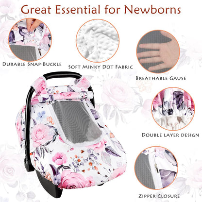 Car Seat Cover Baby Boy, Infant Car Seat Canopy Covers for Newborn with 2 Layers Windows of Breathable Mesh Fabric, Lightweight Polyester/Soft Minky Dot Backing