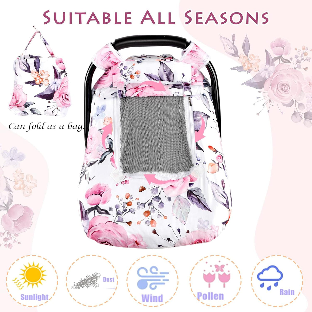 Car Seat Cover Baby Boy, Infant Car Seat Canopy Covers for Newborn with 2 Layers Windows of Breathable Mesh Fabric, Lightweight Polyester/Soft Minky Dot Backing