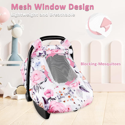 Car Seat Cover Baby Boy, Infant Car Seat Canopy Covers for Newborn with 2 Layers Windows of Breathable Mesh Fabric, Lightweight Polyester/Soft Minky Dot Backing