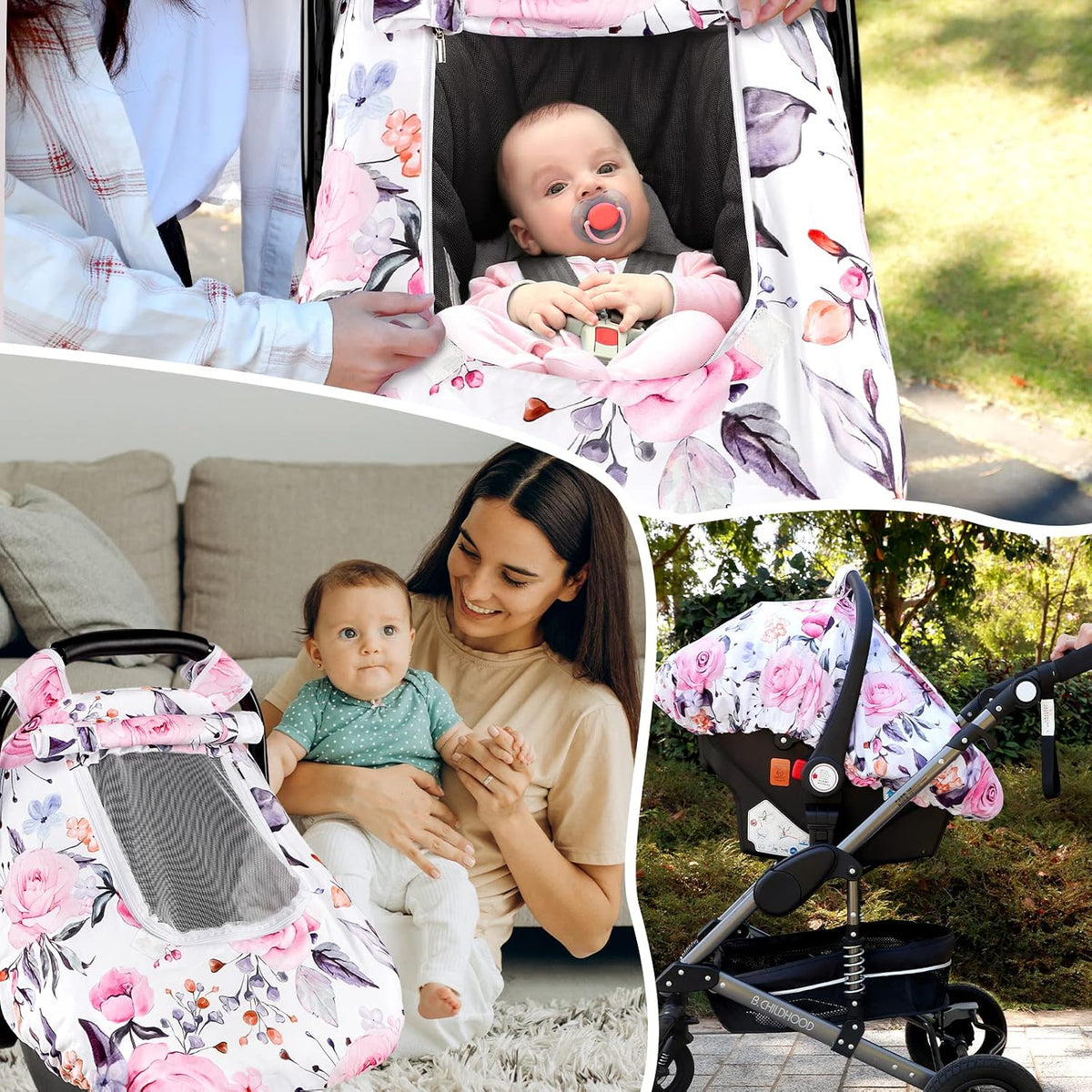 Car Seat Cover Baby Boy, Infant Car Seat Canopy Covers for Newborn with 2 Layers Windows of Breathable Mesh Fabric, Lightweight Polyester/Soft Minky Dot Backing