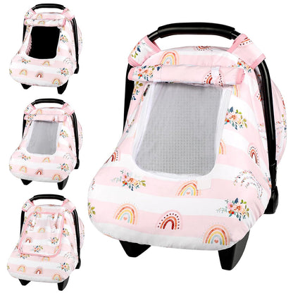 Car Seat Cover Baby Boy, Infant Car Seat Canopy Covers for Newborn with 2 Layers Windows of Breathable Mesh Fabric, Lightweight Polyester/Soft Minky Dot Backing