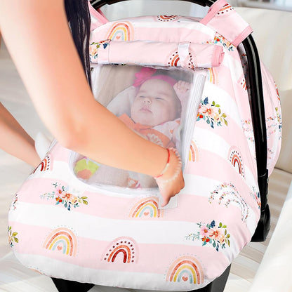 Car Seat Cover Baby Boy, Infant Car Seat Canopy Covers for Newborn with 2 Layers Windows of Breathable Mesh Fabric, Lightweight Polyester/Soft Minky Dot Backing
