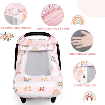 Car Seat Cover Baby Boy, Infant Car Seat Canopy Covers for Newborn with 2 Layers Windows of Breathable Mesh Fabric, Lightweight Polyester/Soft Minky Dot Backing