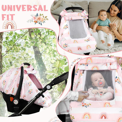 Car Seat Cover Baby Boy, Infant Car Seat Canopy Covers for Newborn with 2 Layers Windows of Breathable Mesh Fabric, Lightweight Polyester/Soft Minky Dot Backing