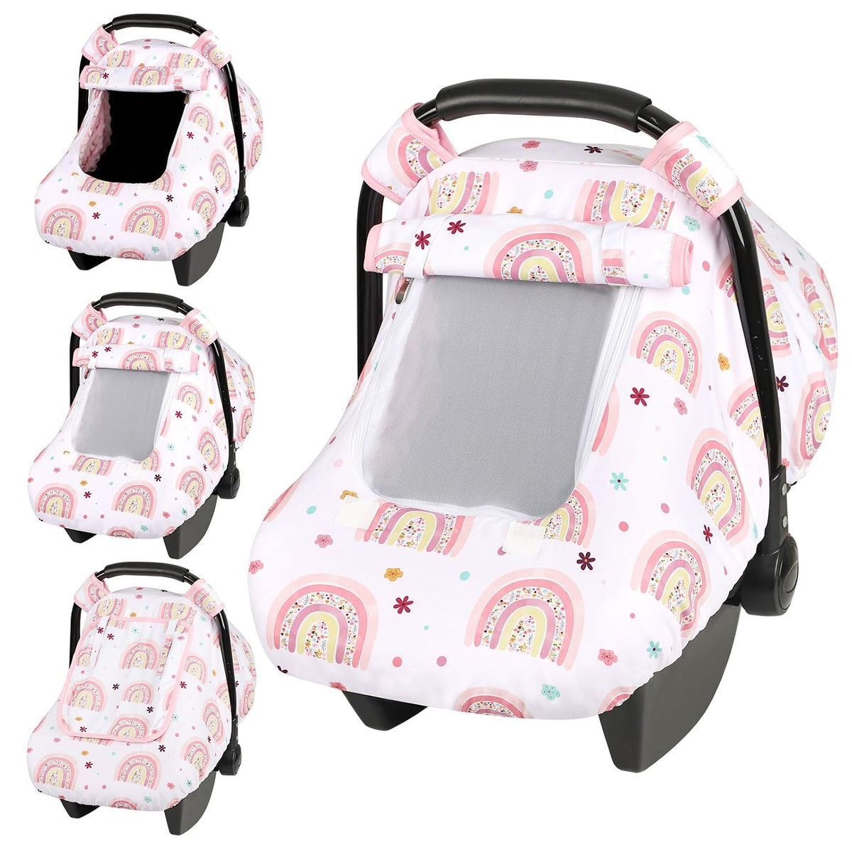 Car Seat Cover Baby Boy, Infant Car Seat Canopy Covers for Newborn with 2 Layers Windows of Breathable Mesh Fabric, Lightweight Polyester/Soft Minky Dot Backing