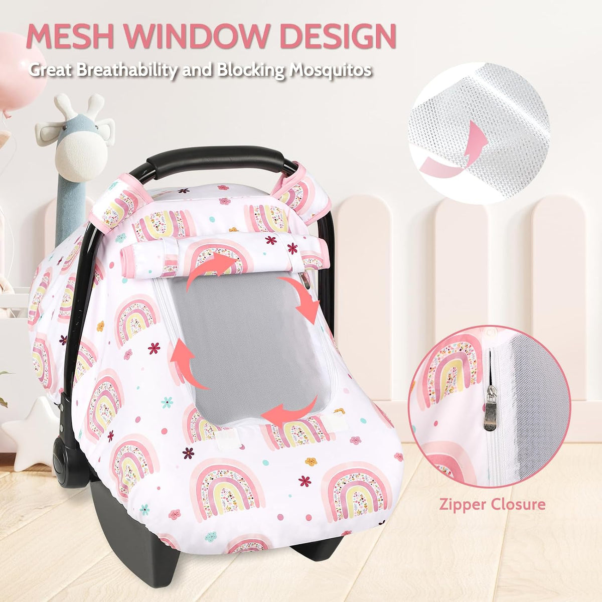 Car Seat Cover Baby Boy, Infant Car Seat Canopy Covers for Newborn with 2 Layers Windows of Breathable Mesh Fabric, Lightweight Polyester/Soft Minky Dot Backing