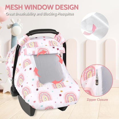 Car Seat Cover Baby Boy, Infant Car Seat Canopy Covers for Newborn with 2 Layers Windows of Breathable Mesh Fabric, Lightweight Polyester/Soft Minky Dot Backing