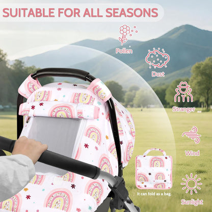 Car Seat Cover Baby Boy, Infant Car Seat Canopy Covers for Newborn with 2 Layers Windows of Breathable Mesh Fabric, Lightweight Polyester/Soft Minky Dot Backing