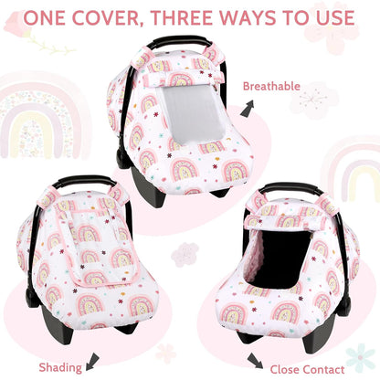 Car Seat Cover Baby Boy, Infant Car Seat Canopy Covers for Newborn with 2 Layers Windows of Breathable Mesh Fabric, Lightweight Polyester/Soft Minky Dot Backing