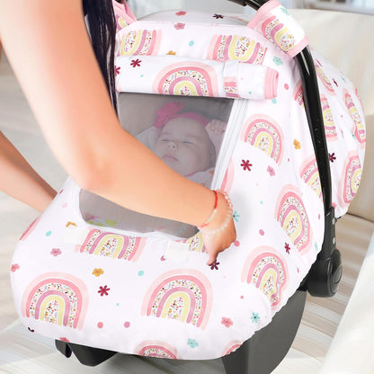 Car Seat Cover Baby Boy, Infant Car Seat Canopy Covers for Newborn with 2 Layers Windows of Breathable Mesh Fabric, Lightweight Polyester/Soft Minky Dot Backing