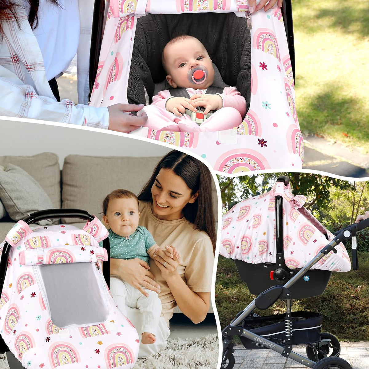 Car Seat Cover Baby Boy, Infant Car Seat Canopy Covers for Newborn with 2 Layers Windows of Breathable Mesh Fabric, Lightweight Polyester/Soft Minky Dot Backing