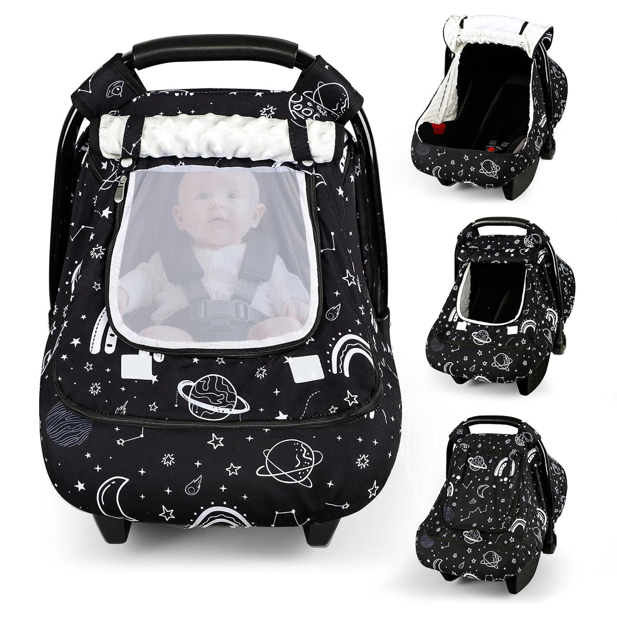 Car Seat Cover Baby Boy, Infant Car Seat Canopy Covers for Newborn with 2 Layers Windows of Breathable Mesh Fabric, Lightweight Polyester/Soft Minky Dot Backing