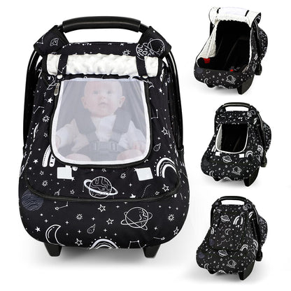 Car Seat Cover Baby Boy, Infant Car Seat Canopy Covers for Newborn with 2 Layers Windows of Breathable Mesh Fabric, Lightweight Polyester/Soft Minky Dot Backing