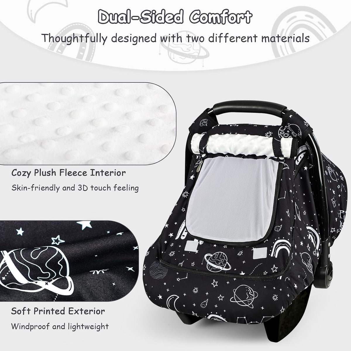 Car Seat Cover Baby Boy, Infant Car Seat Canopy Covers for Newborn with 2 Layers Windows of Breathable Mesh Fabric, Lightweight Polyester/Soft Minky Dot Backing
